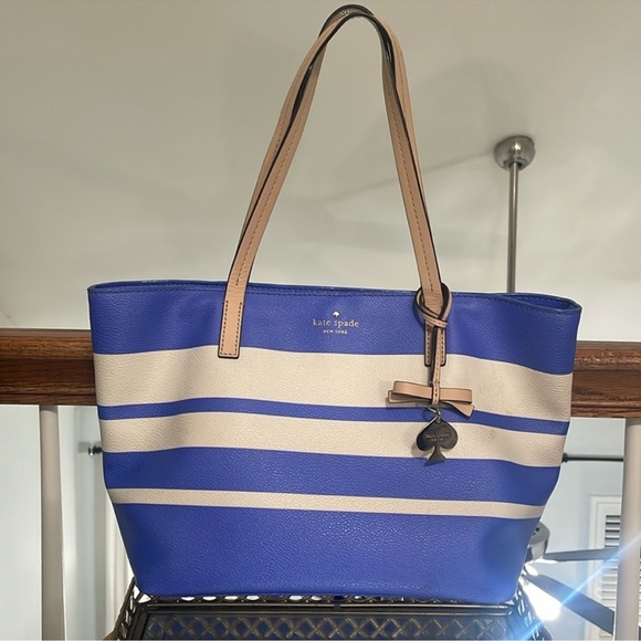 Kate Spade Blue and White Striped Tote Bag * Small Pen Marks - Picture 3 of 16